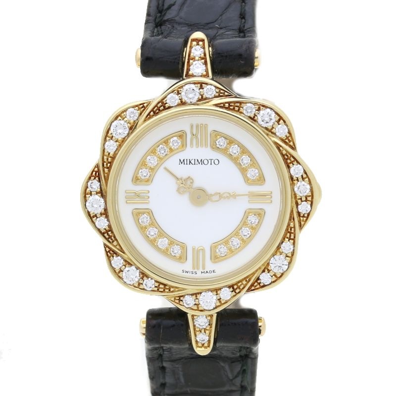 072-011 ダイヤモンド K18YG イエローゴールドxクロコダイル レディース /39684【中古】【腕時計】