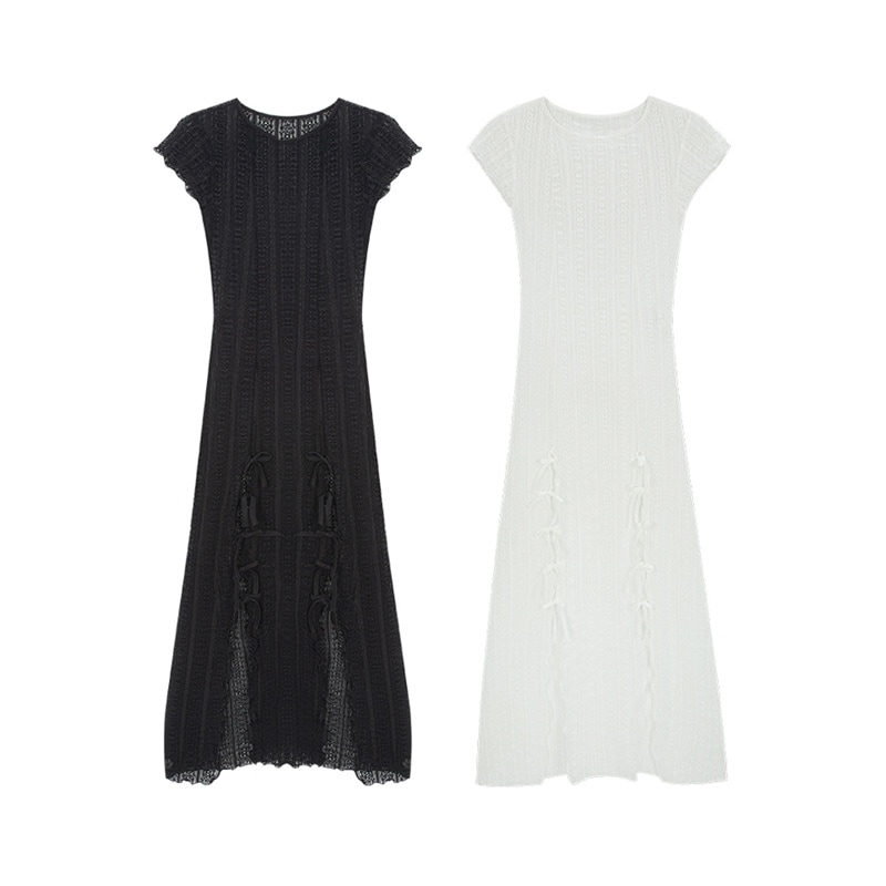 [aespa カリナ 着用] RIBBON SLIT MAXI DRESS 韓国 アイドル レディース メッシュ ニット 夏 ロング きれいめ aライン