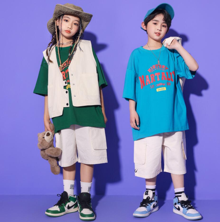 jazz 女の子 ステージ舞台演出服 ダンスセットアップ キッズダンス衣装 hiphop 子供服 応援団 男の子 発表会 上下3点セット ストリート 練習着 団体服 レッスンダンスウェア 短パンツ K