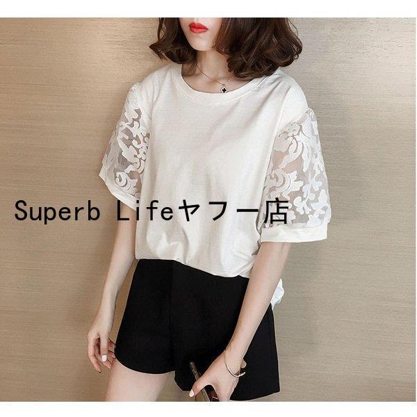 白 Tシャツ レディース 夏 無地 半袖Tシャツ レース切り替えトップス パフスリーブ ブラウス おしゃれ 大きいサイズ 韓国風 大人 通勤 着痩せ 卒業式