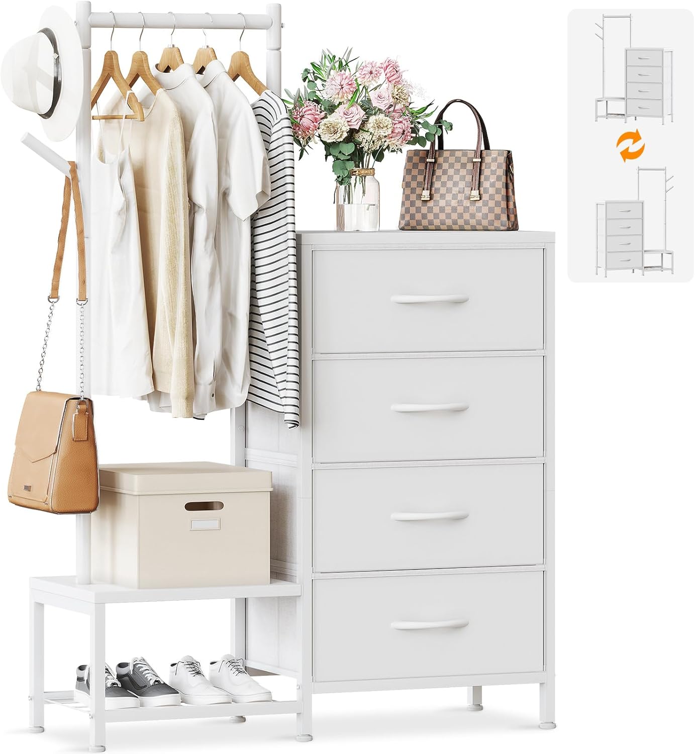 AODK ハンガーラック 布製引き出し付き ワードローブ チェスト タンス 4段 幅75×奥行30cm 洋服収納 衣装棚 パイプハンガー 省スペース 頑丈 おしゃれ 組立簡単 ホワイト 7,723円
