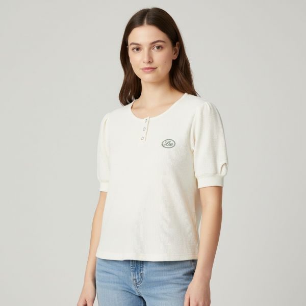 Womens Waffle Henley Neck T-Shirt Ivory