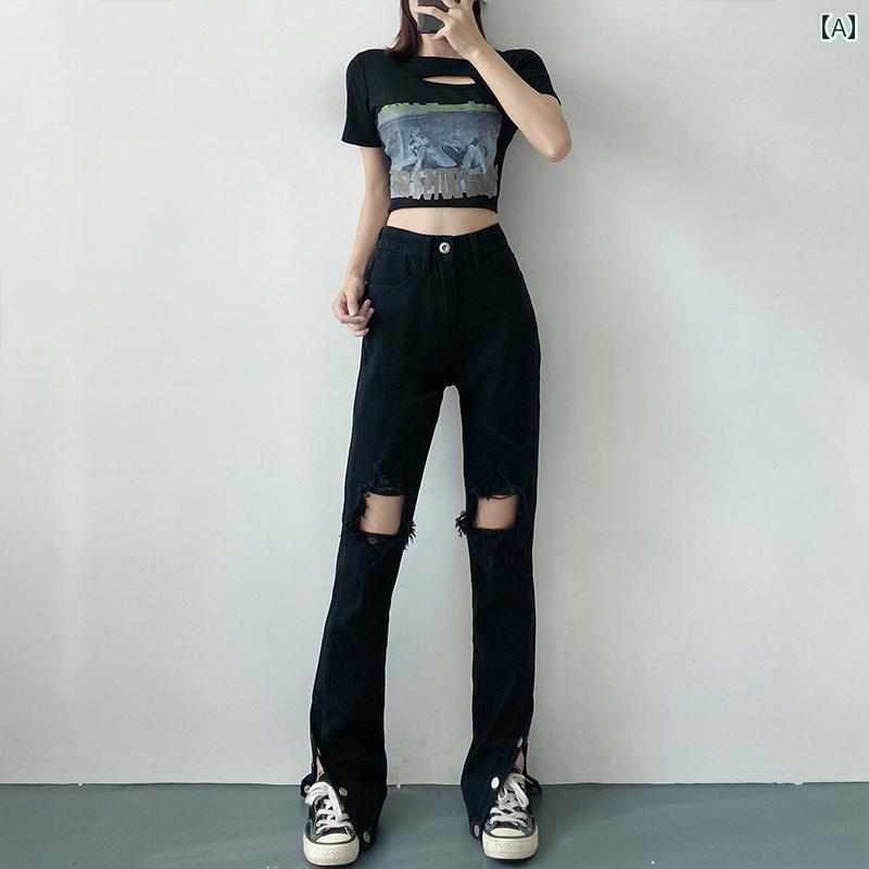デニムパンツ レディース ダメージ ジーンズ クラッシュ ボトムス 夏 ハイウエスト ストレート スリット ボタン タイト 韓国 ブラック