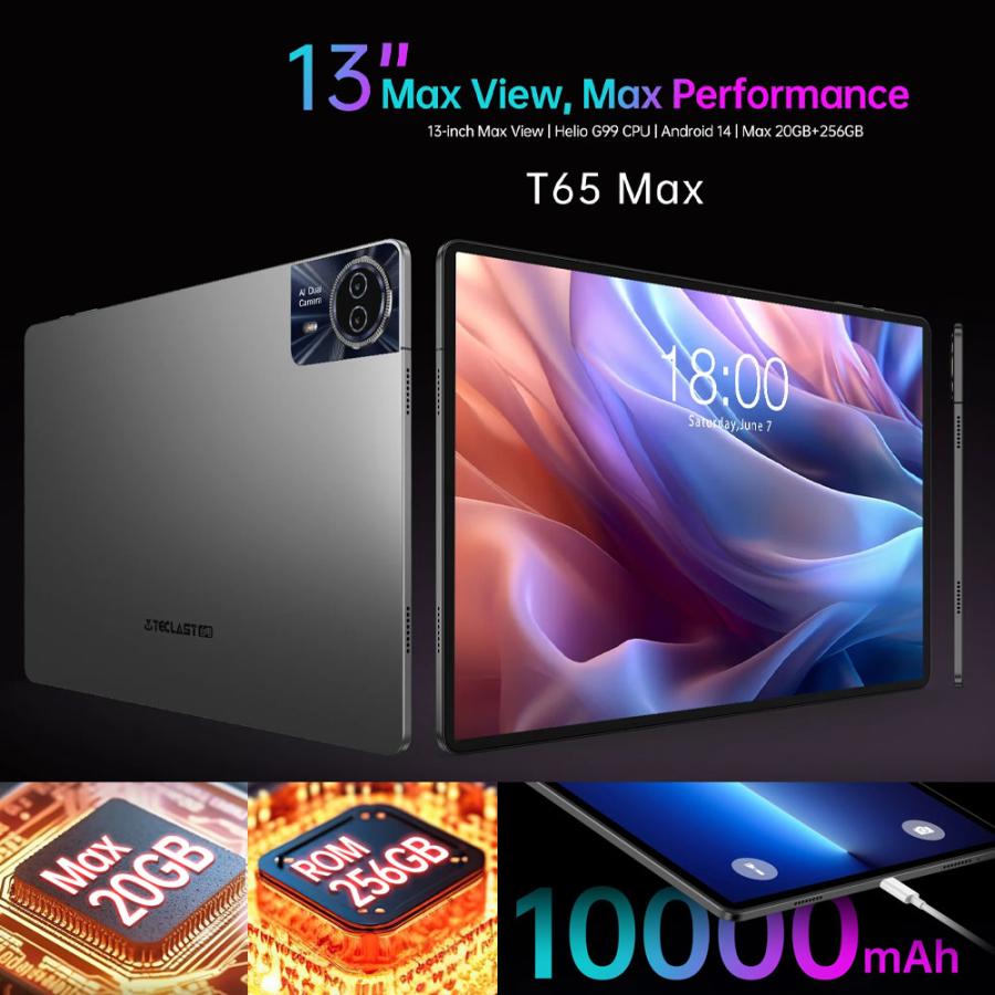 【2枚購入で100円OFF】TECLAST T65MAX 13インチ 20GB RAM 256GB ROM G99 DSSS SIMフリー Wi-Fi Android PC 本体 周辺機器 アクセサ