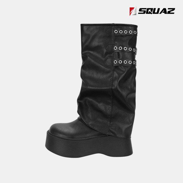 女性ウェッジプラットフォームロングブーツ筒周りバックルストラップレザーブーツ SSS701