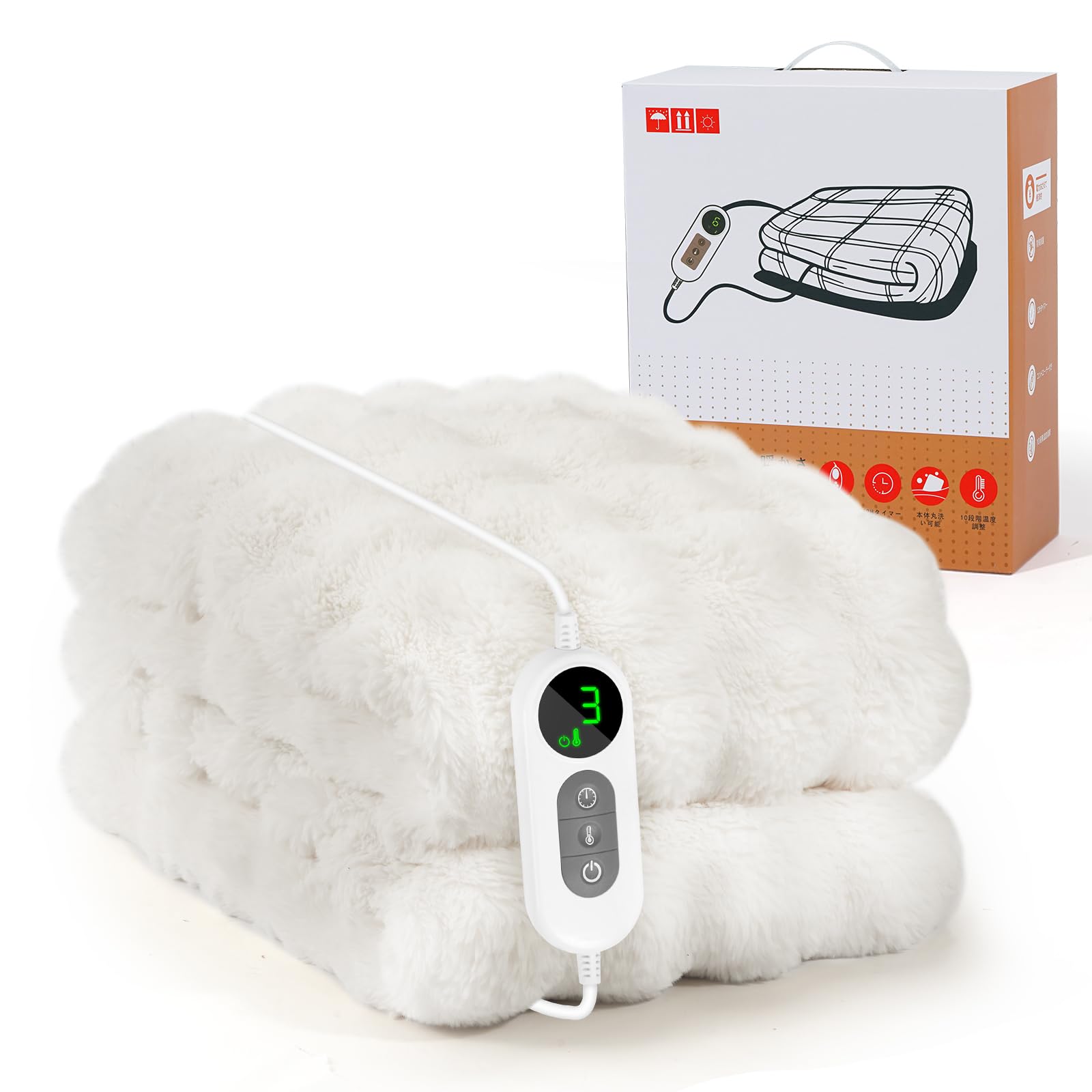 電気毛布 【表面兎毛調 裏面フランネル シルクタッチ】 190×130cm 大判 掛け敷き兼用 ひざ掛け 「シリコンボタン付きコントローラー」 10段階温度調整 12段階タイマー設定機能 自動オフ 洗