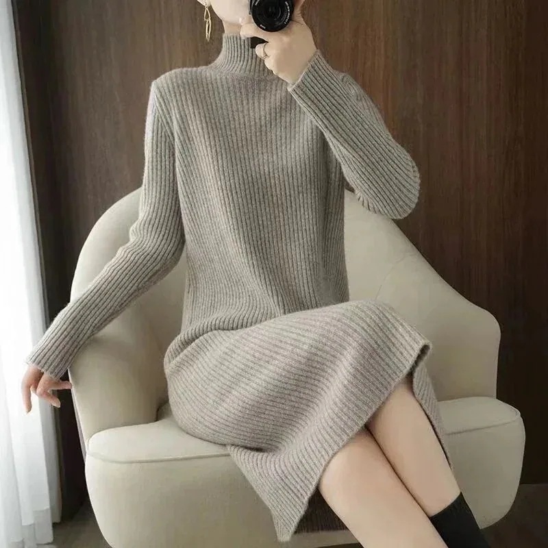 ドレス 韓国ファッション ベーシックニットハイネック ワンピース ニットワンピース セクシー ワンピース インナー 着痩せ セミロング ワンピース 冬のワンピース