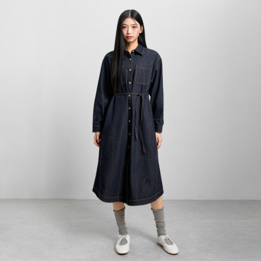 MIXXO デニム シャツ型 ロングワンピース_MIWOWF313J