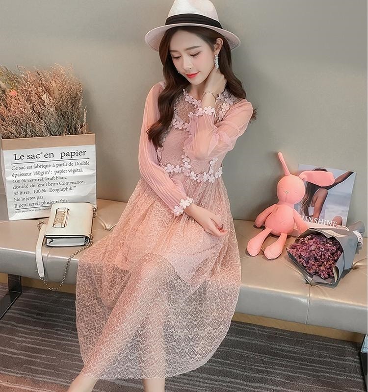 1307. 花柄レースワンピース（ピンク） 春夏 sale 大人 かわいい 長袖 花柄 お呼ばれ 女子会 パーティー
