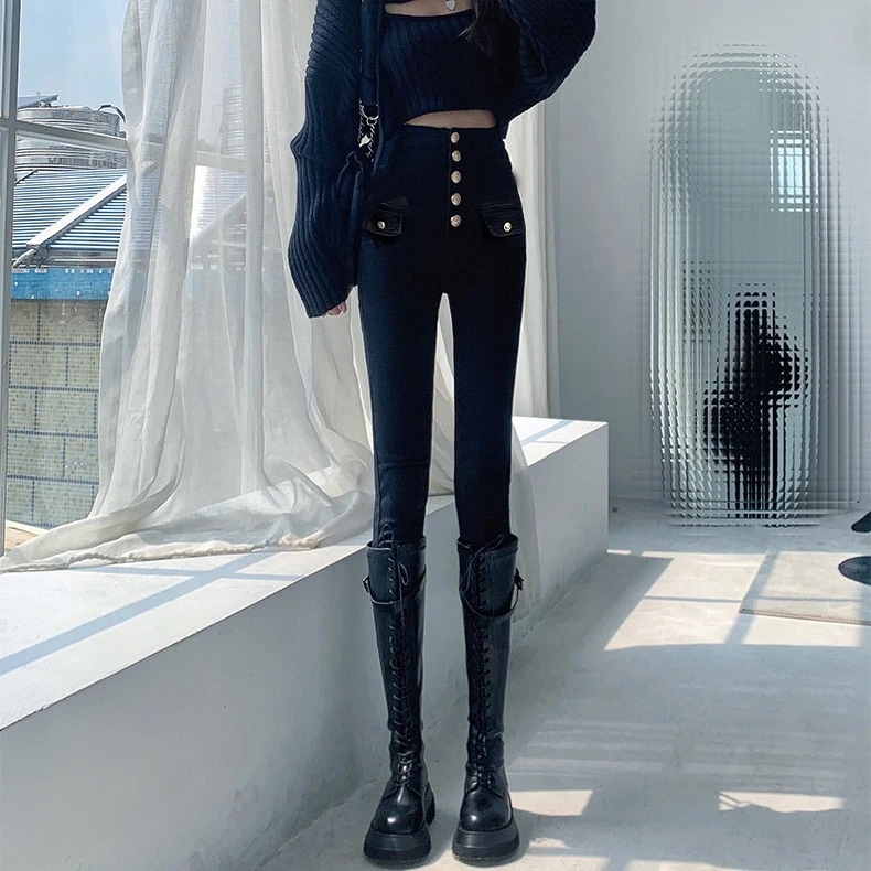 ハイウエストジーンズ新型ブラック厚手着痩せタイトパンツ鉛筆ズボン スキニーデニムパンツ 弾力ジーンズ