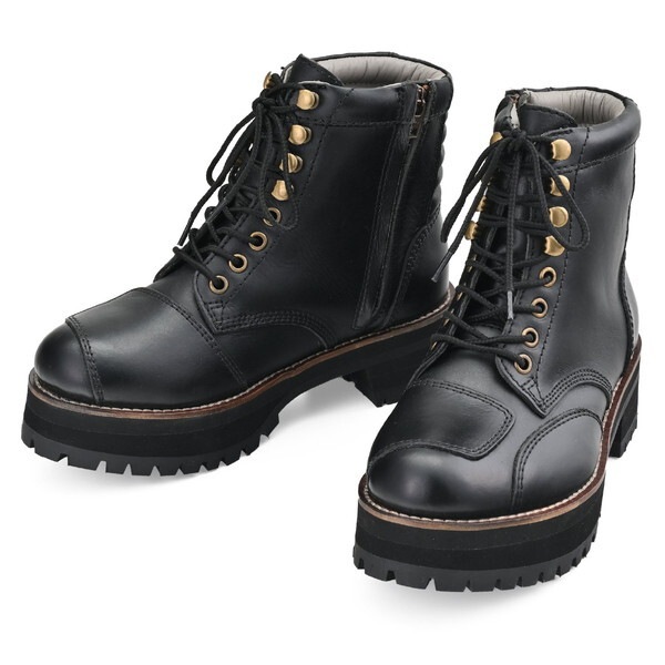 D41406 バイク ブーツ ライディングブーツ ダービーライドブーツ 厚底 本革 牛革 シフトパッド くるぶしパッド内蔵 サイドジップ DS-001+ ブラック 24.0cm/レディース