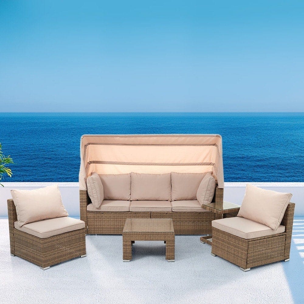 【国内即日発送】パラソル付き ガーデンファニチャー 5点 ガーデン テーブル チェアー ラタン調 テーブル 樹脂 楽組 ホテル カフェ ベランダ テラス テラス ソファ ガーデンソファー ガーデニング