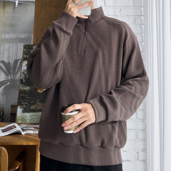 メンズ リブ編み ルーズフィット 裏起毛 ハーフジップ Tシャツ 5C-TSK-Q106-栗色