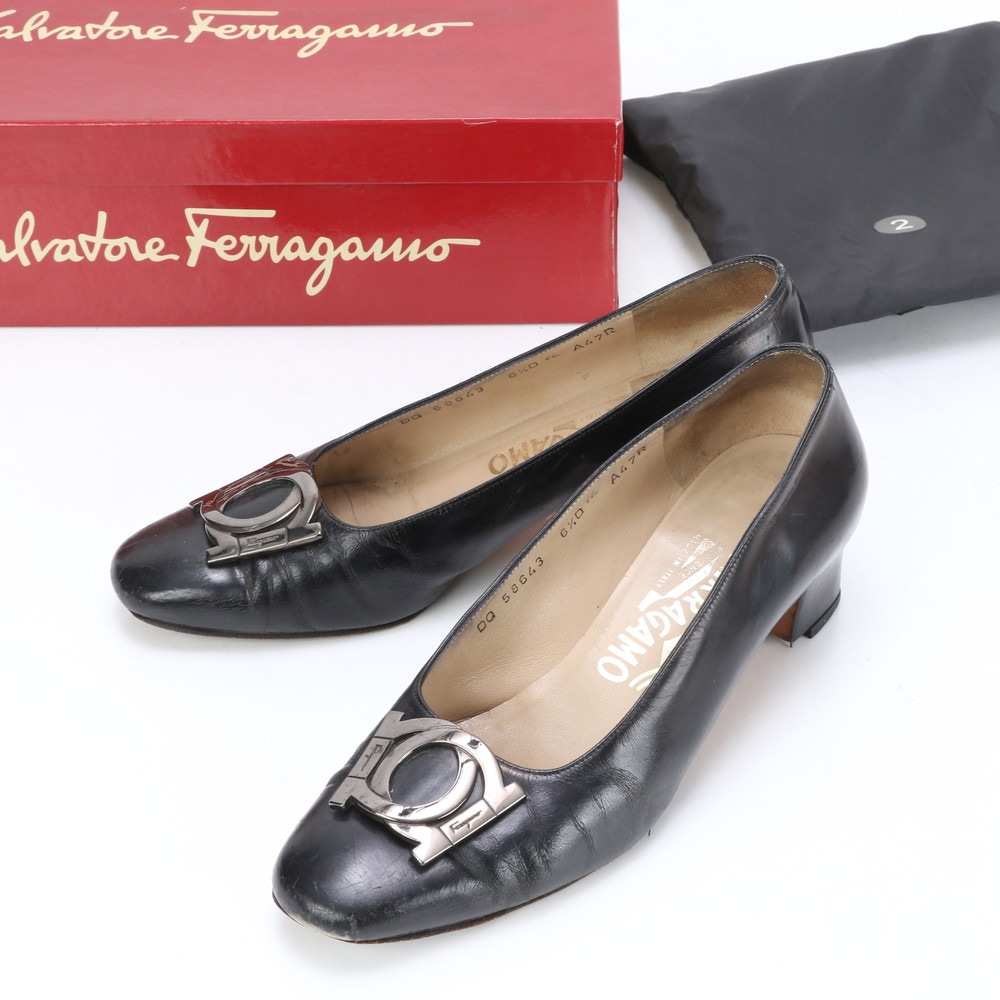 ガンチーニ 6 1/2 D 25.5cm 相当 A47R レザー パンプス ヒール 靴 シューズ ミュール サンダル ローファー スニーカー ブラック 黒 レディース ELE BI21-10 中古