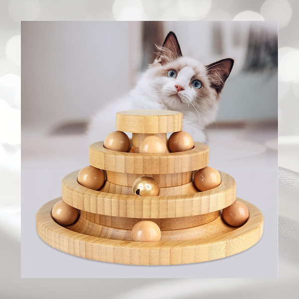 猫 おもちゃ ボール一人遊び 猫じゃらし 竹製 ボール回転盤 タワー ぐるぐる 猫玩具 ひとり遊び 猫用品 ペット用品 遊べる 運動不足 ストレス解消 (ブラウン)
