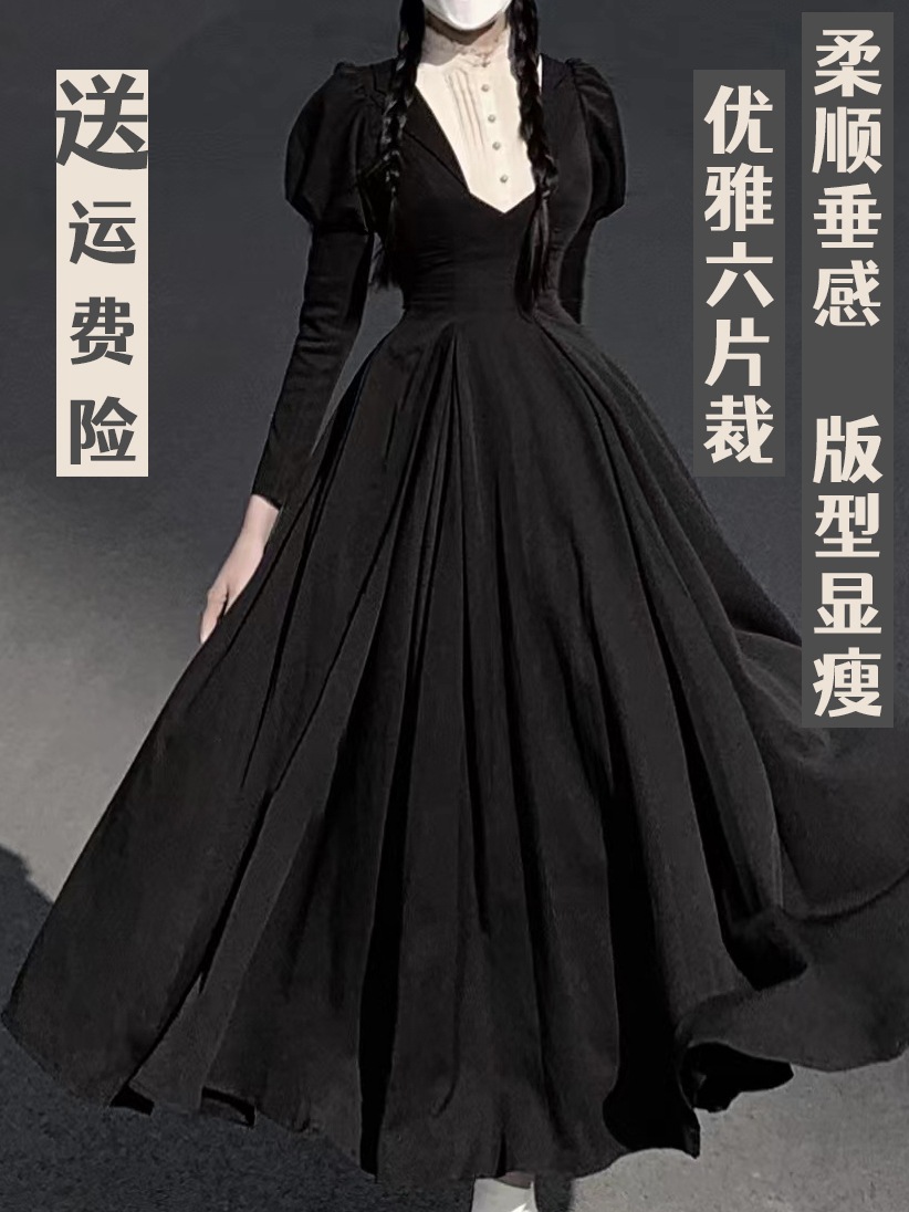 ブラックロリータ 修道女風ダークロリータドレス 長袖パフスリーブ 大きいサイズ 秋冬 ハロウィン レディース