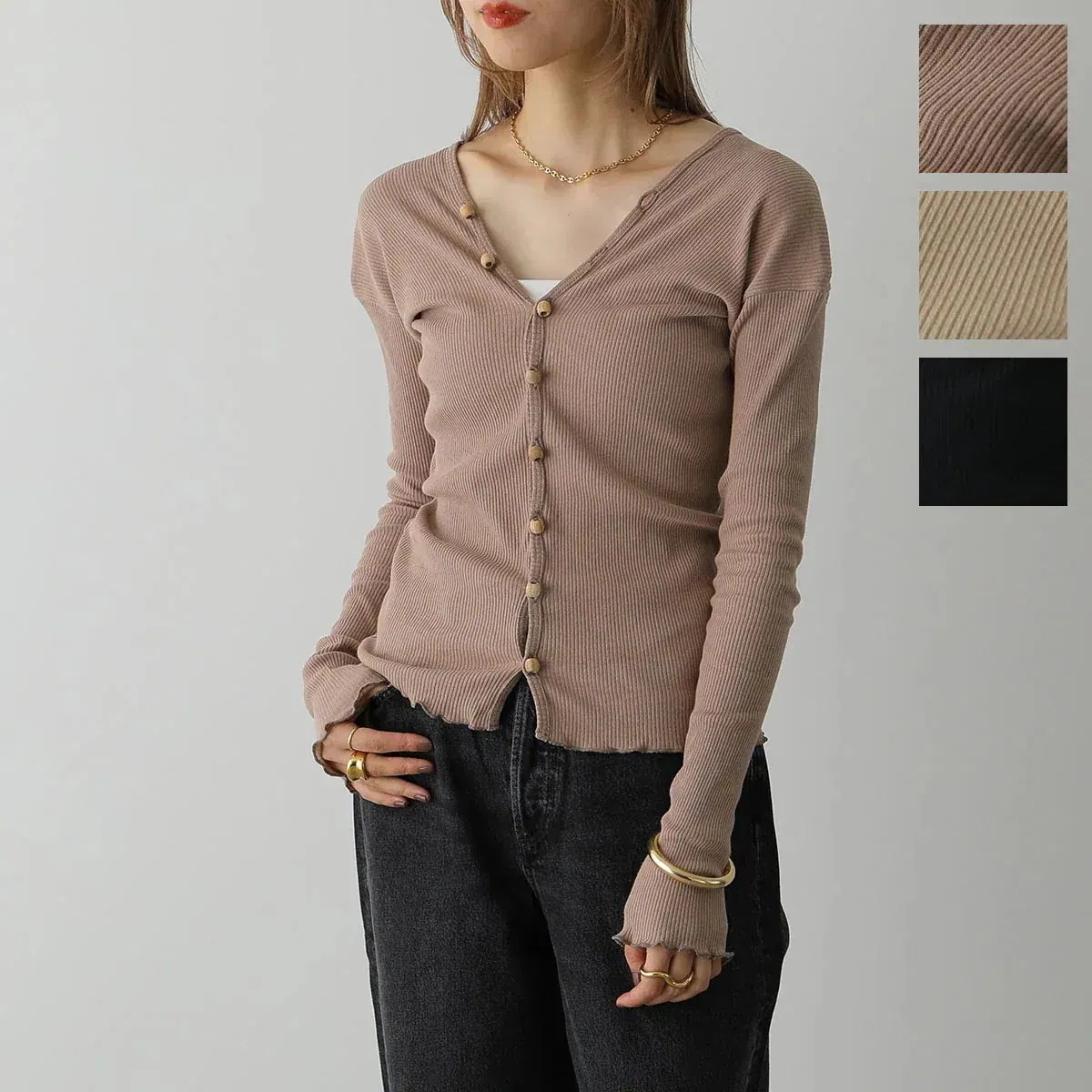 BASERANGE ベースレンジ カーディガン TAV CARDIGAN TOTVC レディース 長袖 リブ コットン Vネック ストレッチ カラー3色 【mega】