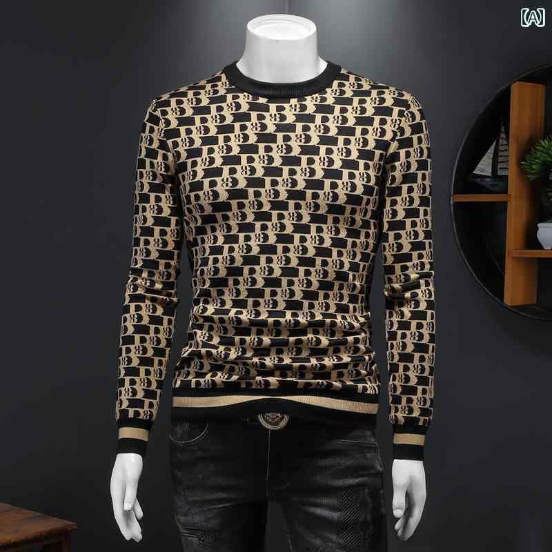 メンズ トップス 冬 プリント ウール セーター ラウンドネック ニット プルオーバー インナー 厚手