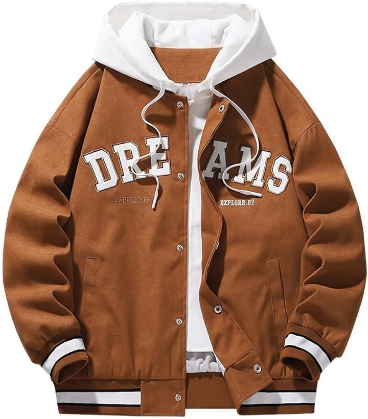 アスペルシオ フード付き ジャンパー ストリート系 ながそで 野球服 重ね着風 アウター メンズ ブルゾン ジャケット 上着 ポケットあり ブラウン(バンダイクブラウン, L)