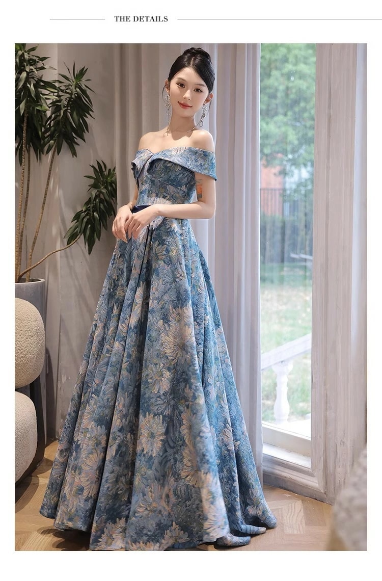 出血大サービス モネ風 ヨーロッパ風 宮廷ドレス ウエディングドレス ブライズメイド オフショルダーブルー【XS/S/M/L/XL/2XL/3XL】復古風 花嫁ドレス 編み上げ 洋服 カラードレス プ