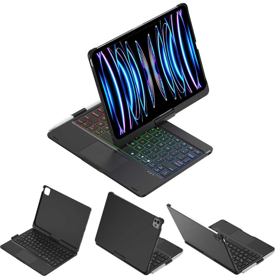 アイパッドプロ / 11インチiPadPro 第2世代 第3世代 第4世代 用 キーボード付ケース 360度回転 7色LEDバックライト ローマ字入力 タッチパッド搭載