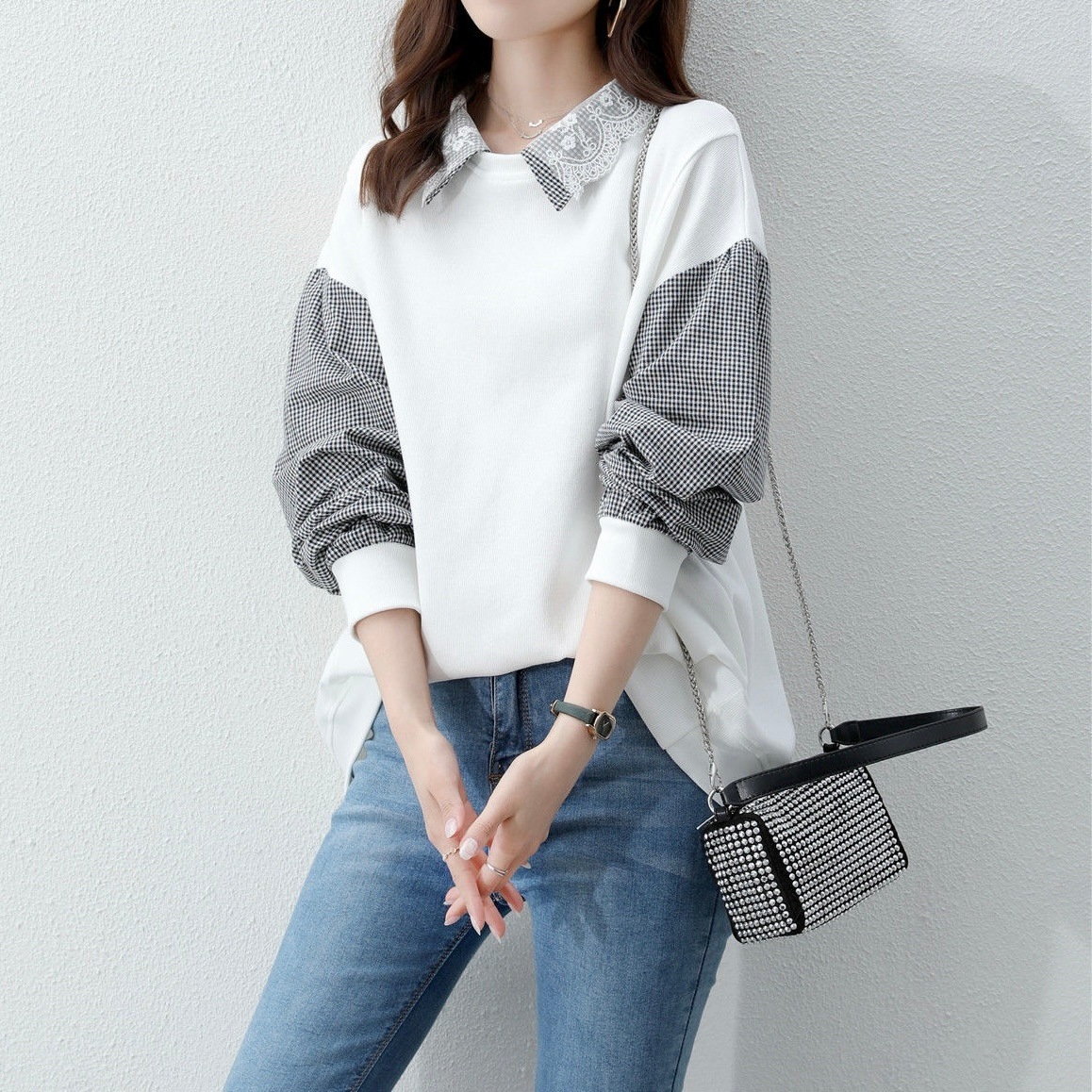 レディース トップス シャツ スウェット フェイクツーピース 長袖 襟付き ポロカラー フェミニン ストリート レース 切り替えデザイン かわいい 大人可愛い きれいめ シンプル カジュアル おしゃれ