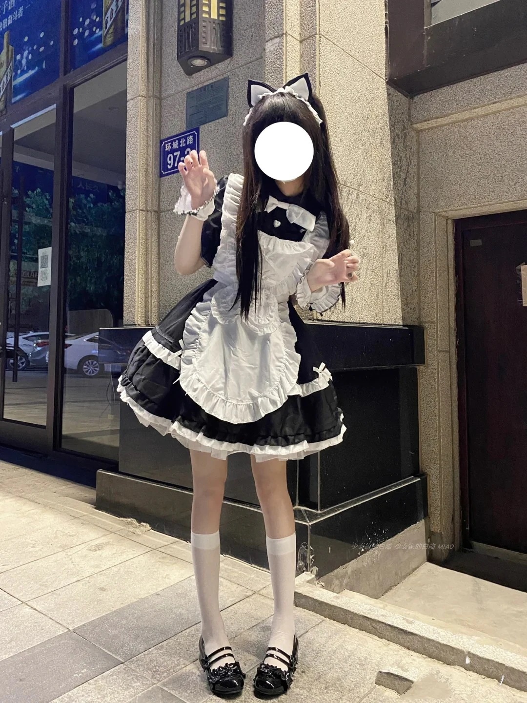 【ni-i-ight】猫系メイド服cosロリータ白黒クラシックエプロン鈴かわいいセクシーlolitaビッグサイズワンピース