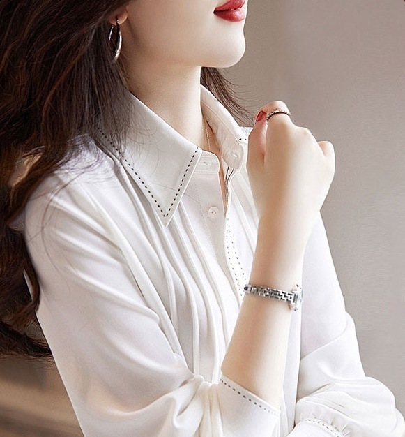 トップス シャツ ブラウス 白シャツ 袖あり 長袖 襟付き ステッチ 薄手 かわいい 可愛い きれいめ シンプル カジュアル 上品 おしゃれ お洒落 レトロ 可愛い 女子 こなれ感