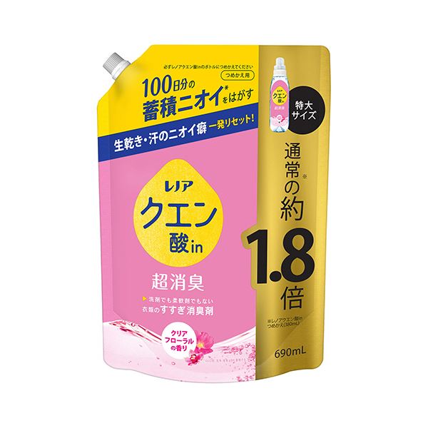 （まとめ） P＆Gレノア クエン酸in超消臭 クリアフローラルの香り つめかえ用 特大 690ml 1個 (×5セット)
