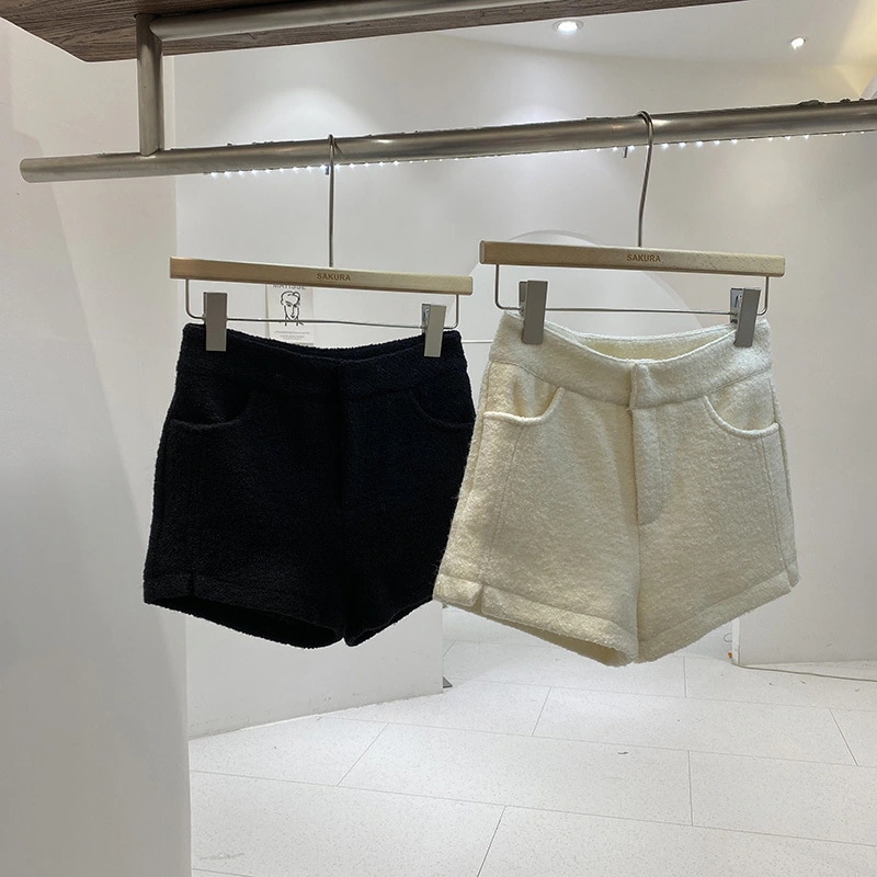 レディース ホワイト ハイウエスト ウール ショートパンツ2025 年秋冬新スタイルスリミング万能セクシーカジュアル ストレート レッグ ボディコン ホットパンツ