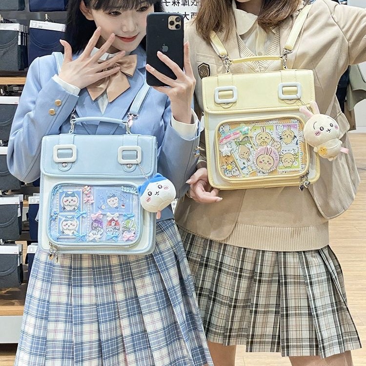 【1つ買うと10個無料】痛バッグ 痛バ　3way　リュック　ショルダーバッグ　JKバッグ　ひし形格子 ぬいぐるみ入り　缶バッジ入れ　推し活　推しグッズ　推しごと3
