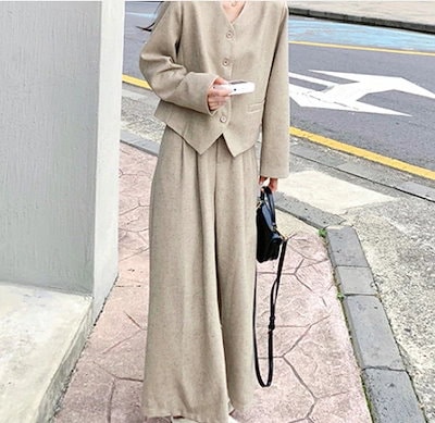 セットアップ レディース ジャケット パンツ 前開き ノーカラージャケット ワイドパンツ 長袖 Vネック ノーカラー 裾ワイド タック シンプル カジュアル おしゃれ こなれ感 ラフ ルーズ 抜け感