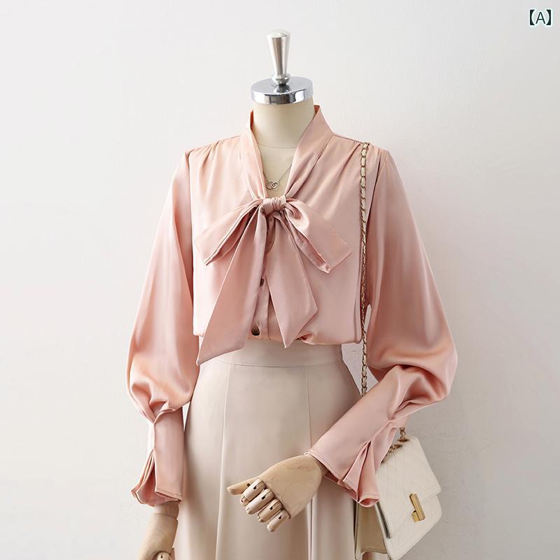 レディース トップス ブラウス ボウタイ 上品 フランス 知的な 長袖 シャツ 秋 リボン 優しい 柔らかい ピンク 通勤用 適応性 シフォンシャツ