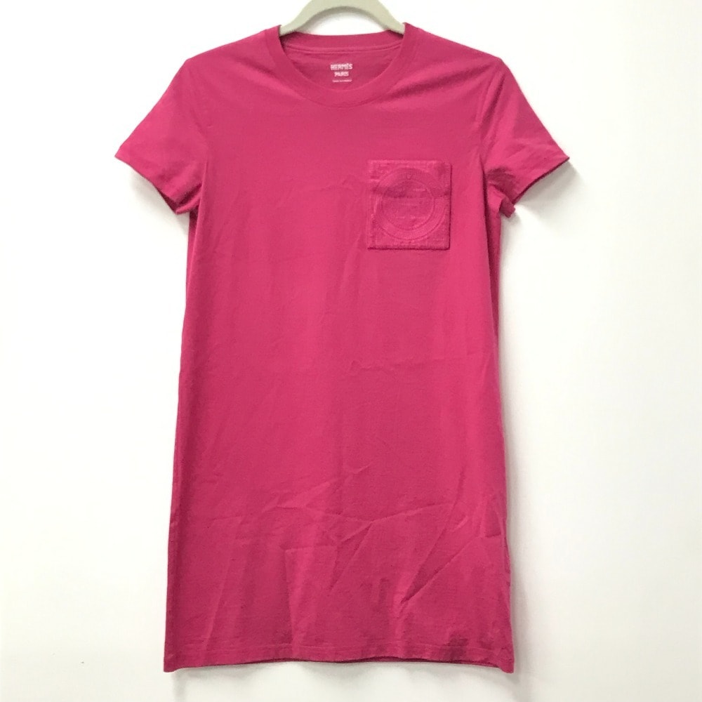 ワンピース 刺繍入れ モザイク Hロゴ ポケット アパレル Tシャツワンピース ラウンドネック コットン ピンク