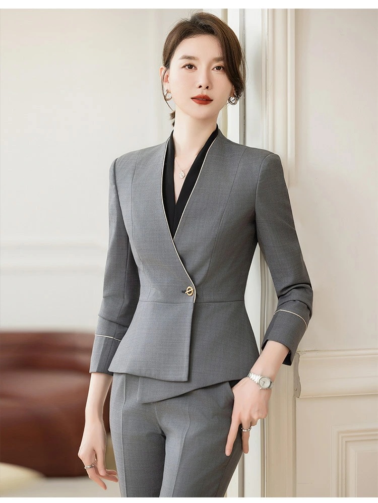 仕事着 女性用 Vネック スーツ 秋用 接客 制服 ホテル 職業用 セットアップ オフィスウェア