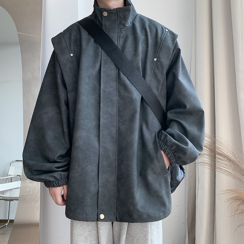 2024秋の新しいメンズウォッシュレトロフロストレザージャケットルーズスタンドカラーレザージャケットトレンディカジュアルジャケット