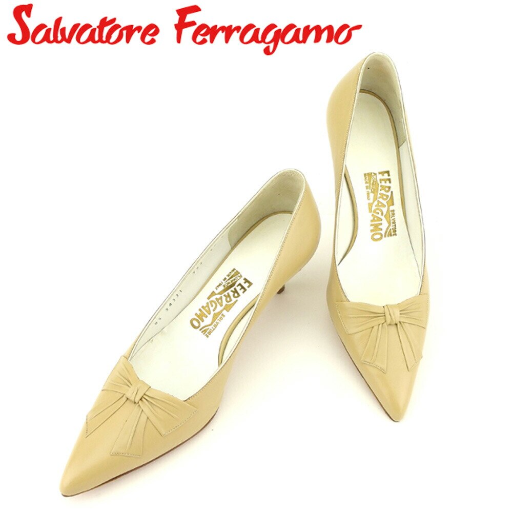 パンプス シューズ 靴 リボンモチーフ 6ハーフD ポインテッドトゥ ベージュ 中古