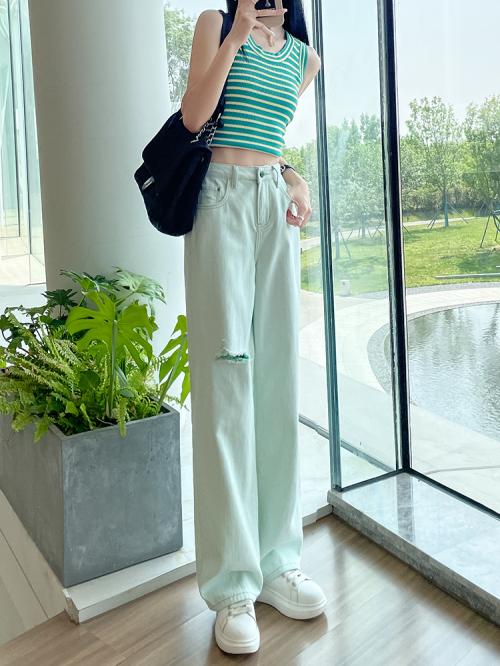 デニム ワイドパンツ レディース ハイウエスト 春秋 グリーン ジーンズ ストレート 夏 薄手 ドレープ