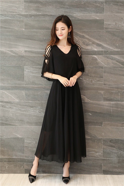 A1088.Vネック肩見せシースルーフレアワンピース（ブラック）2019 春夏 sale 春夏 sale ドレス フリル エレガント お呼ばれ 結婚式 披露宴 パーティー 女子会 レストラン デート