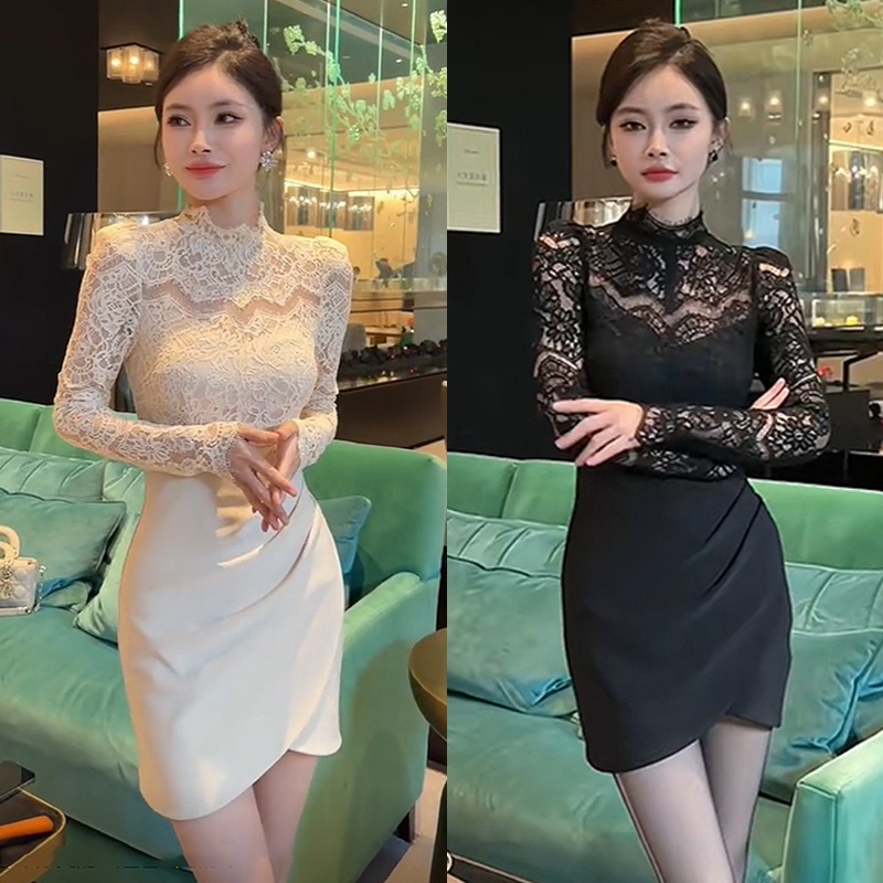 レディース ワンピース ショート 膝下 長袖 ハイネック タイト フェミニン レース かわいい 大人可愛い きれいめ 上品 おしゃれ エレガント ラブリー キュート ロマンティック オールシーズン