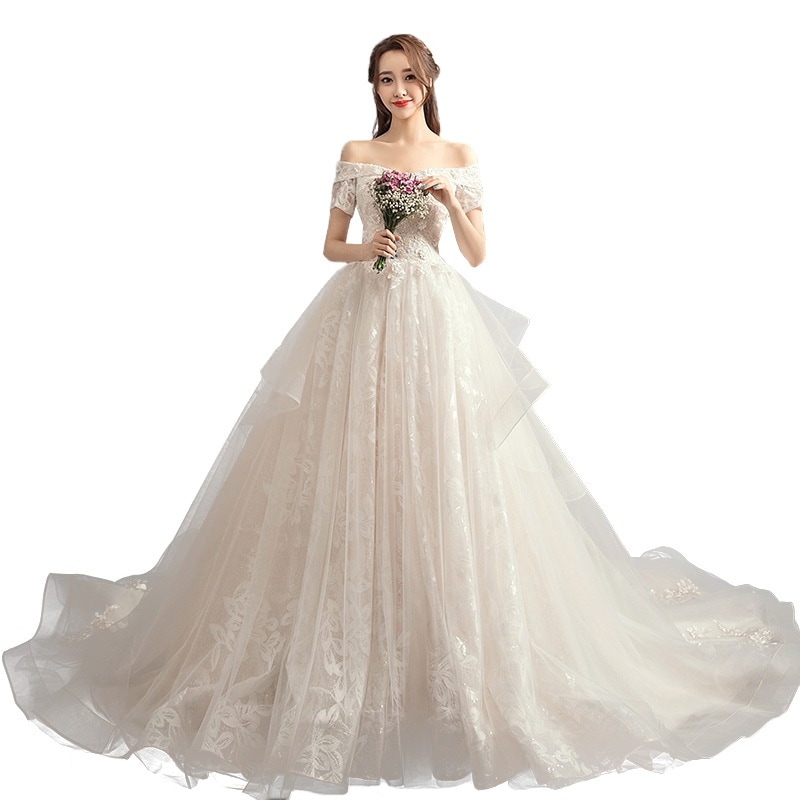 ウェディングドレス レディース 二次会 花嫁ドレス 結婚式 パーティードレス マーメイドライン レトロ オフショルダー　ライドウェディング(M-0060)