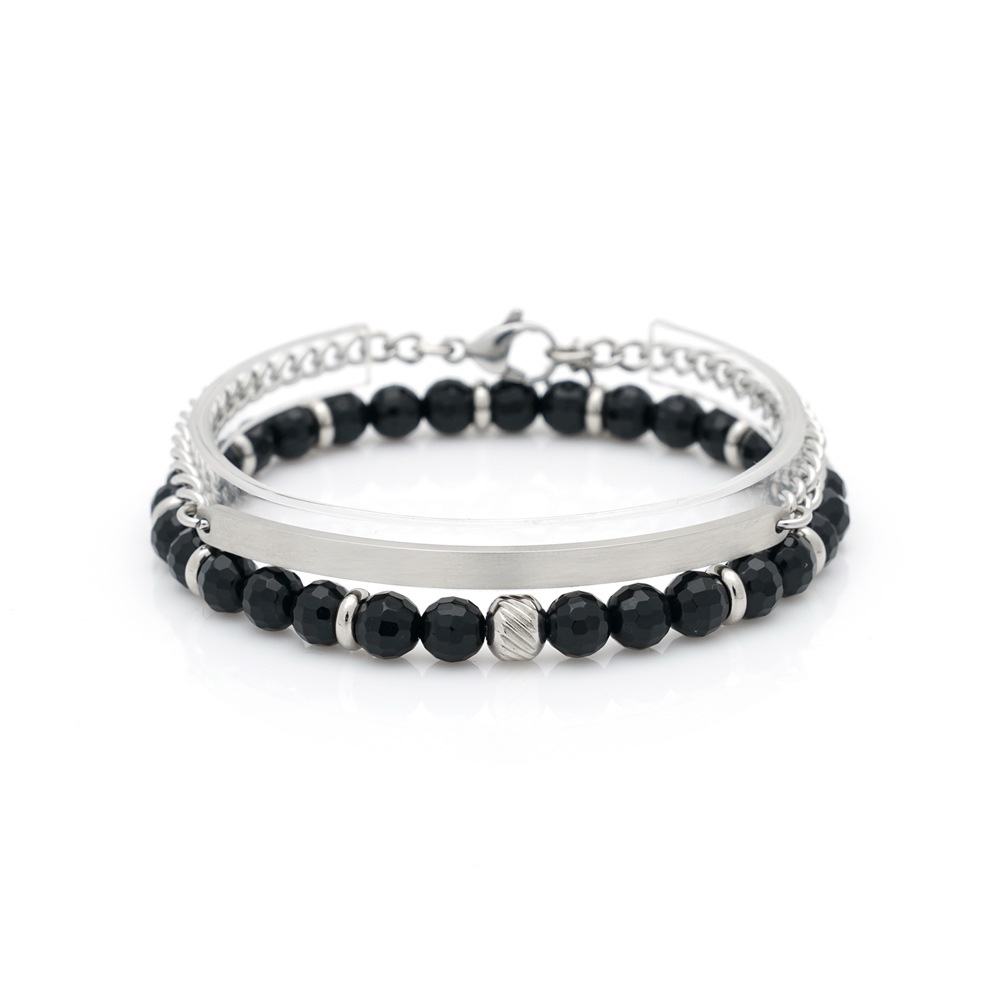 JBANS クラシックカットブラックアゲート 596 ラウンドバーサージカルスチール 699 チェーンブレスレットセット (C2101-SE217_BK)