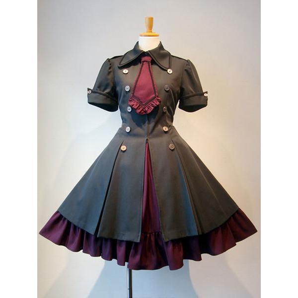 ゴスロリ軍服ワンピース演出 舞台クラシカルフリルリボンボタンレースアップ　アイドル衣装赤ワインロリータワンピースメイファススカート付ジャケット-315