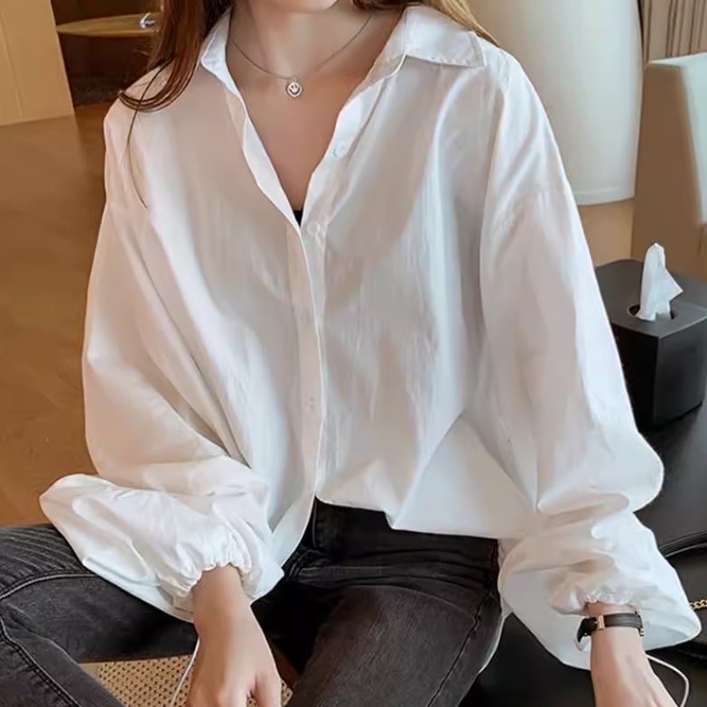 レディース トップス シャツ ブラウス 前開き 長袖 ボリューム袖 襟付き ワイド オーバーサイズ ボタン 薄手 かわいい 大人可愛い きれいめ シンプル カジュアル 上品 おしゃれ かっこいい