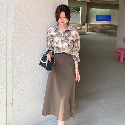 セットアップ セットアップ シャツ ブラウス フレアスカート ミモレ ミモレ丈 袖あり 長袖 襟付き フレア スリット ハイウエスト 前開き 上下セット 2点セット ツーピース かわいい 大人可愛い