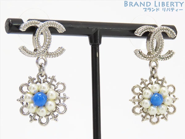 ほぼ新品シャネルココマークカラーストーンパールスイングピアスシルバーブルーパールカラーストーンフェイクパールA86111