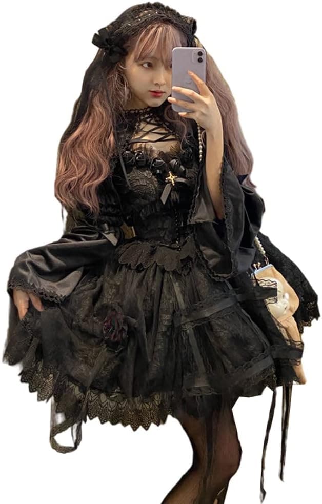 [Sky]ワンピース ゴスロリ ロリータ 姫 ドレス 半袖 コスプレ衣装 チュール 森ガール 女の子 少女 ゆめかわいい 萌え リボン ボリューム感 ハロウィン仮装 黒