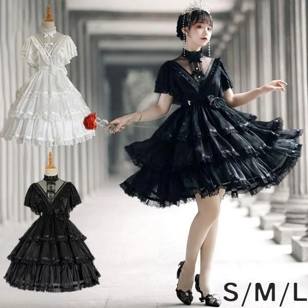 ロリータ ゴスロリ ワンピース Aライン Lolita リボン 透け感有り 膝丈