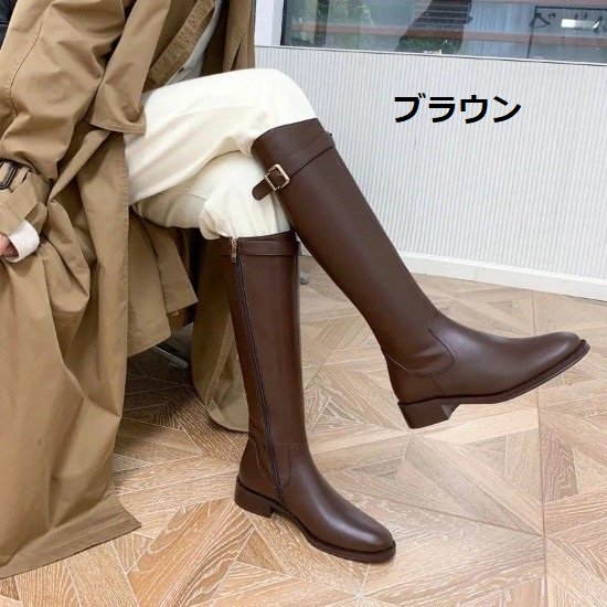 【取寄：納期2週間】ロングブーツ レディース ジョッキーブーツ 靴 シューズ ブーツ ロング丈 ローヒール ベルト サイドジッパー シンプル 無地 カジュアル お出掛け おしゃれ 歩きやすい