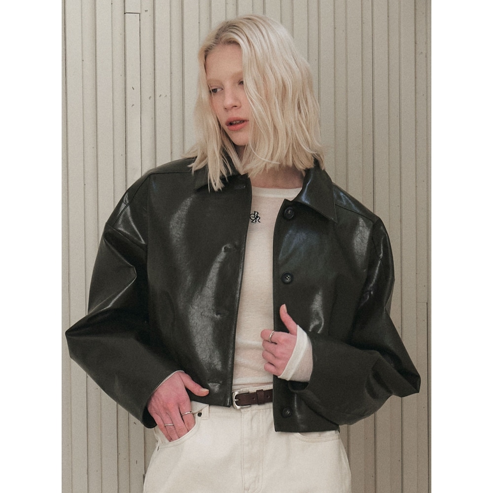 シティブリーズビーガンレザークロップジャケットカーキ